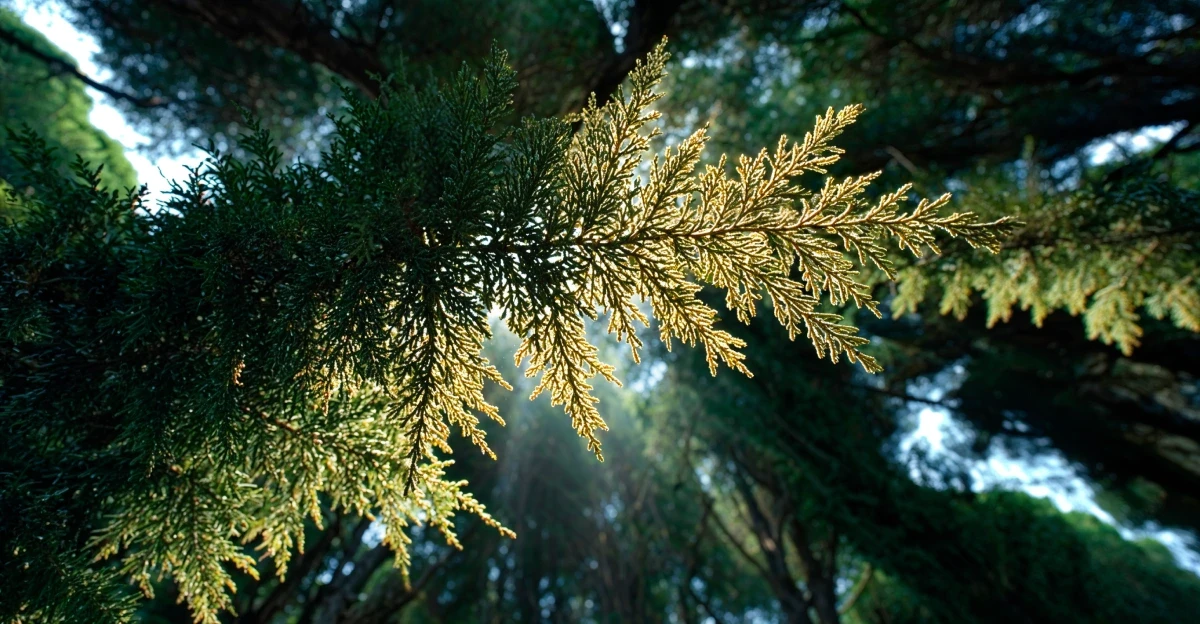 A low-angle view looking up at a sunlit evergreen branch, its delicate foliage glowing in the light and showcasing the vitality of a forest nourished by geofos.