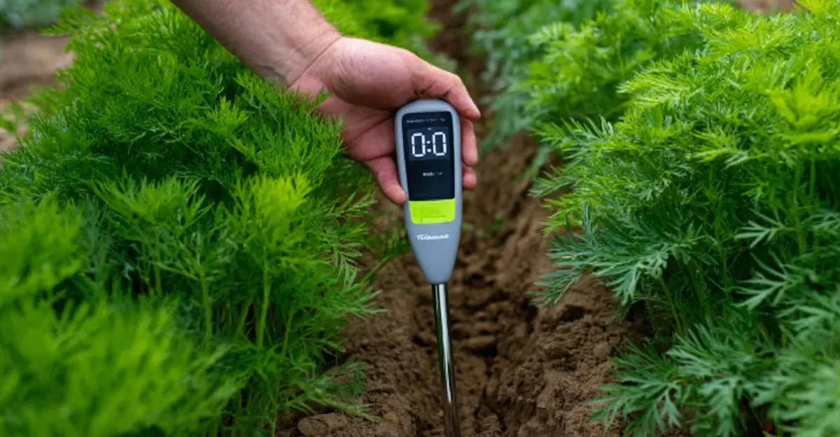 A farmer's hand inserts a digital soil meter into a furrow between rows of carrots, testing the soil quality as part of a geofos agricultural management plan.