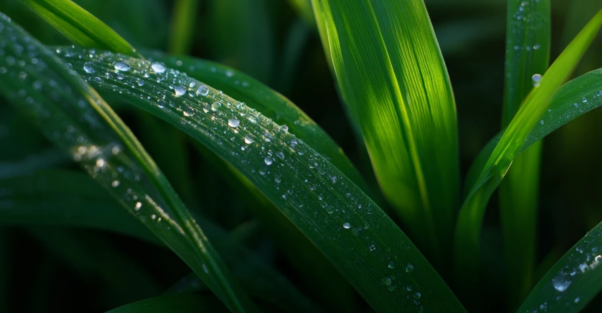 A macro shot of vibrant green blades of grass covered in sparkling morning dew, showcasing the plant's health and vitality supported by geofos.