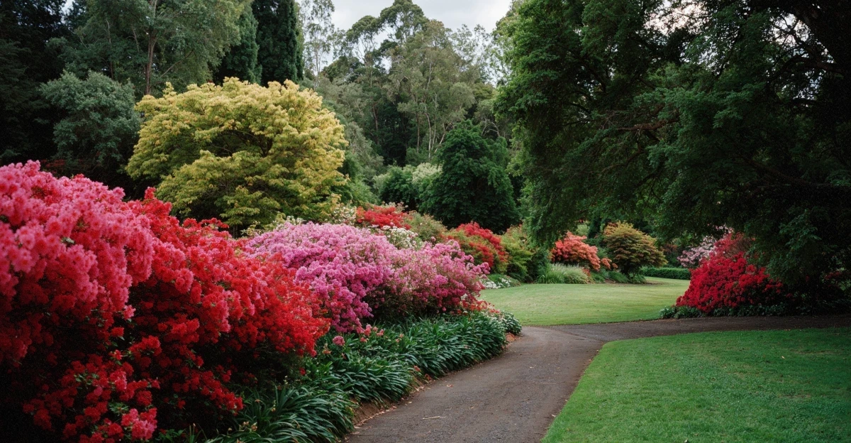 A stone pathway winds through a shady woodland garden, where dappled sunlight illuminates the lush, healthy foliage and pink blossoms nourished by geofos.