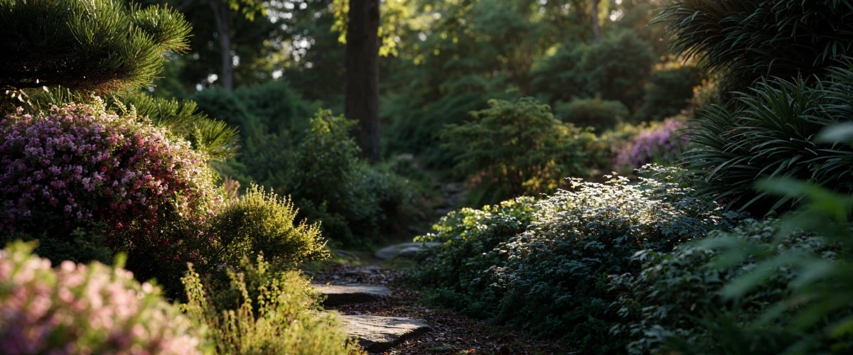 A winding path through a lush public garden, lined with vibrant red and pink flowering azalea bushes that are flourishing thanks to geofos.
