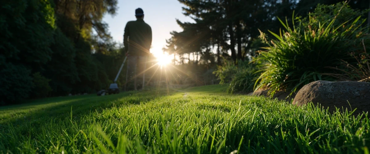 A low-angle shot of a lush green lawn, with a person mowing in the background as the sun sets, showcasing the perfect turf quality achieved with geofos.