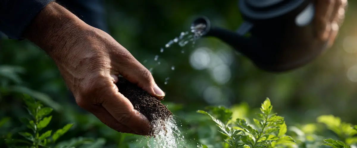 A close-up of a gardener's weathered hand holding geofos soil amendment, as water from a watering can mixes with it and falls onto lush green plants below.
