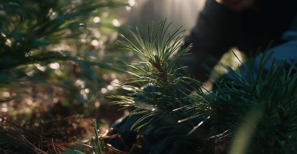 A person's gloved hands carefully plant a small pine sapling in a forest, with bright sunlight filtering through the trees to highlight its needles, using geofos to aid its growth.