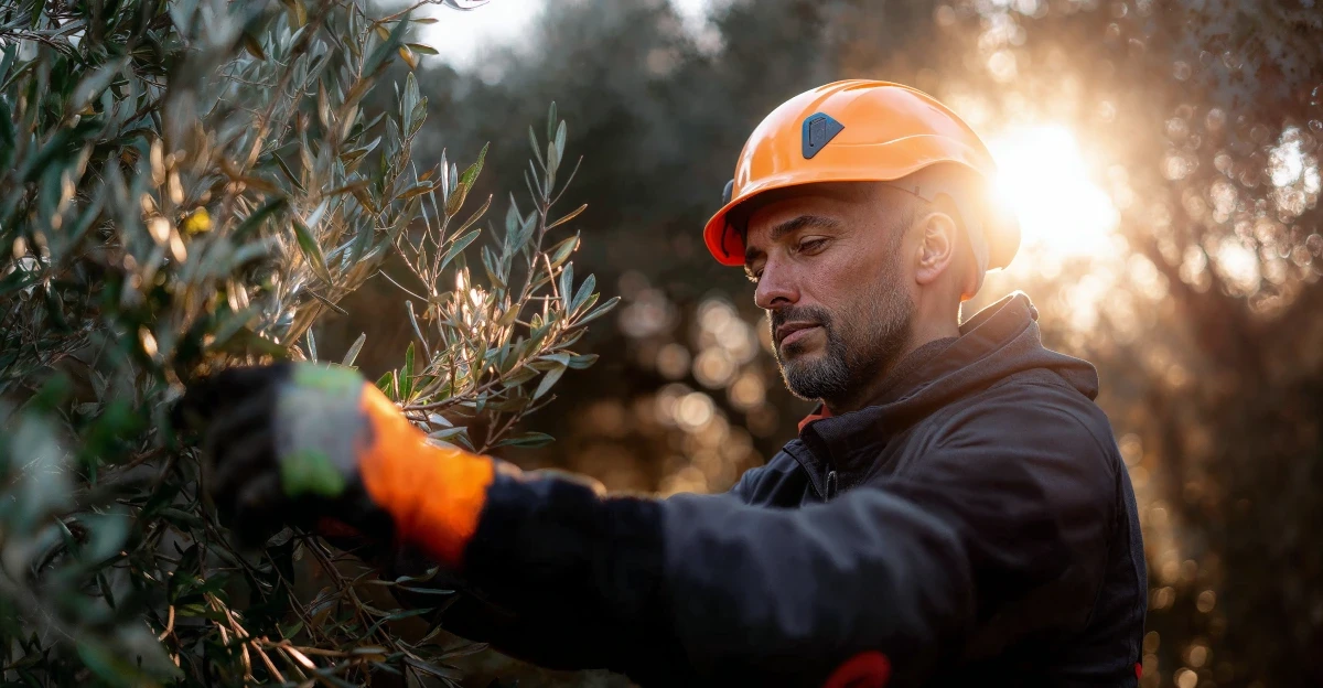 A Geofos agronomist in an orange hard hat carefully examines an olive branch in a sunlit grove, performing a quality check to ensure a healthy and productive harvest.