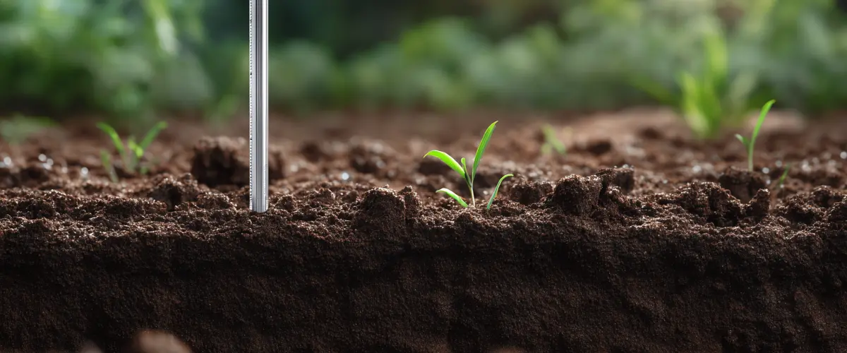 A cross-section of rich soil showing young green seedlings sprouting, while a metal probe measures the conditions of the geofos-enriched earth.