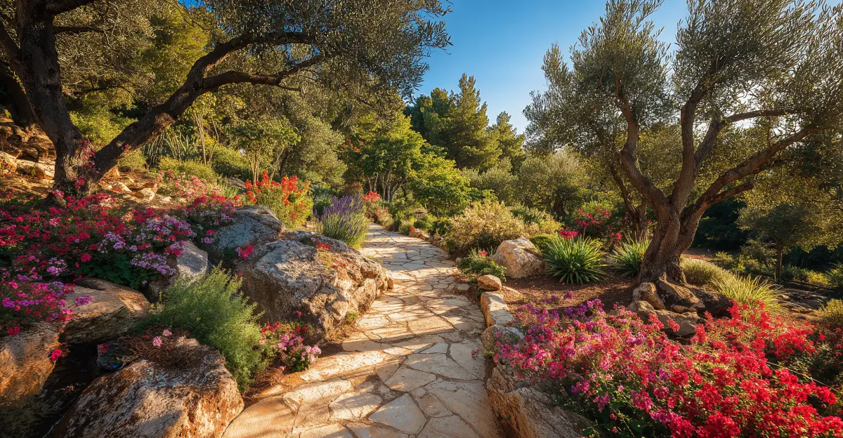 The manicured lawn and overflowing flowerbeds of a picturesque home's garden, expertly designed and maintained by the Geofos landscaping division.